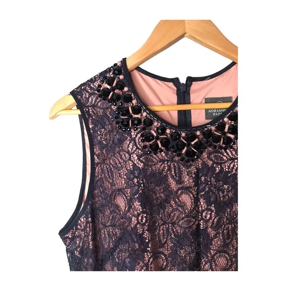 Adrianne Papell | Blue lace sleeveless midi dress pink lining beaded detail • - Picture 2 of 8